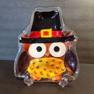 Owl Pilgrim Thanksgiving Glass Serving Platter 11 x 9 inches Demadco Seibert